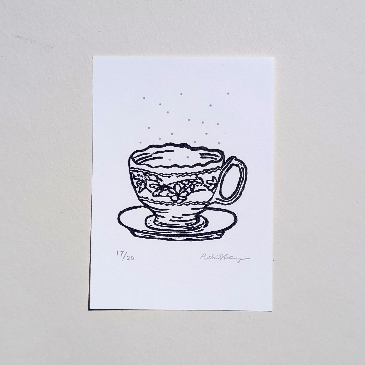 Winter Teacup linocut print