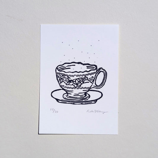 Winter Teacup linocut print